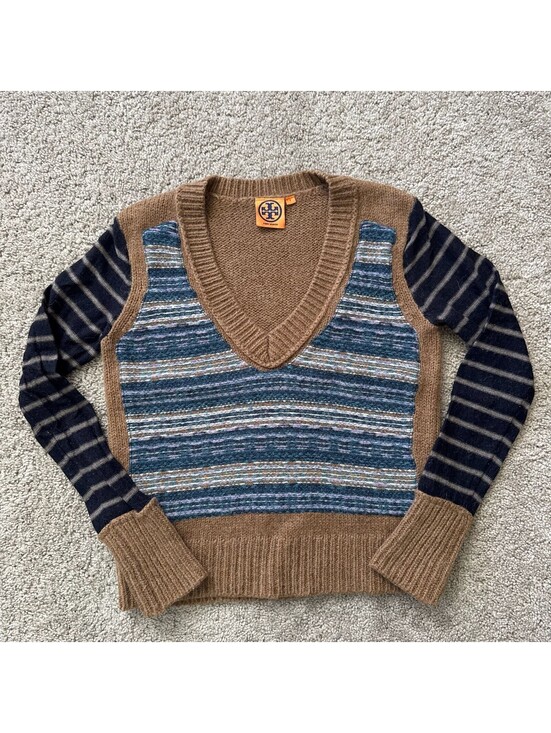 Tory Burch Sweaters - Tory Burch V-Neck Striped Wool-Alpaca Blend Sweater